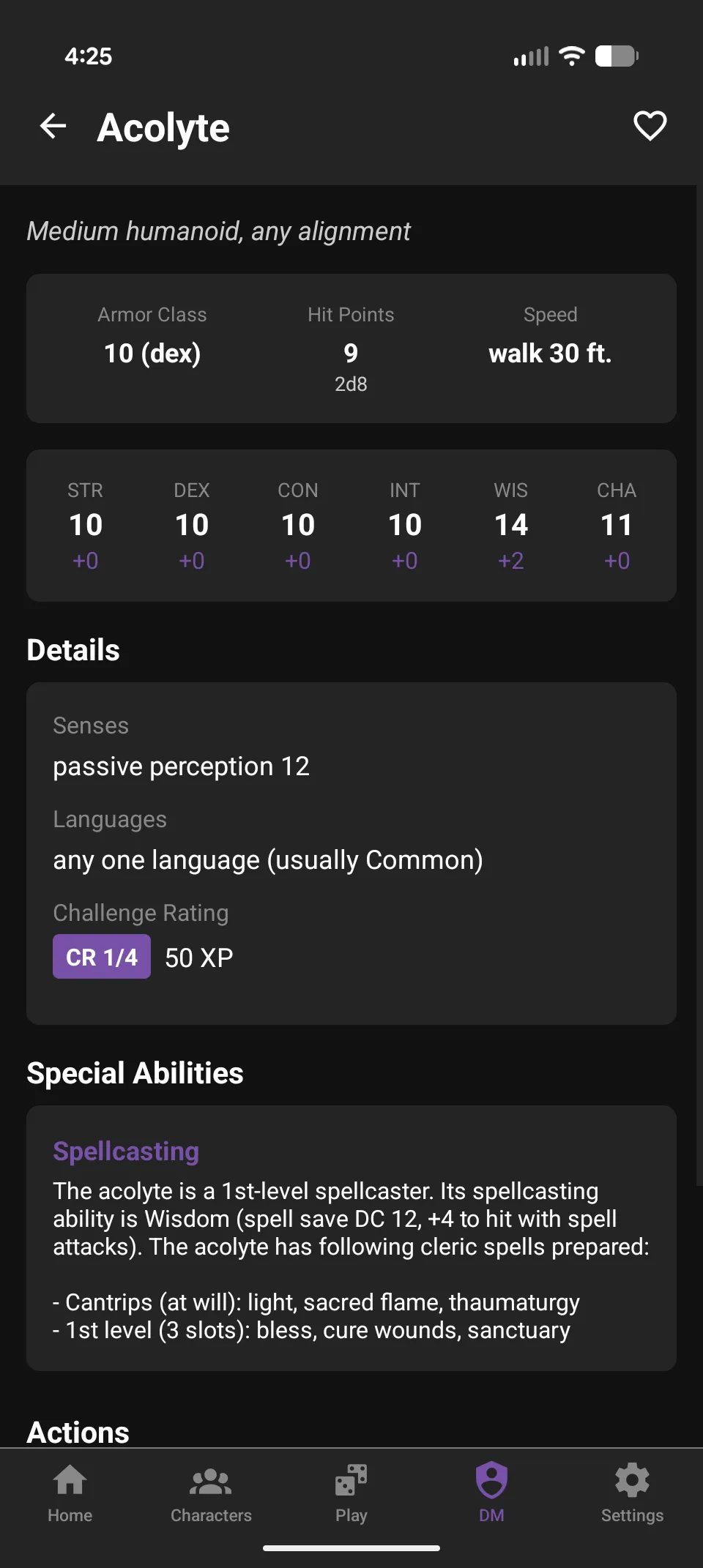 Monster Stat Block — Acolyte with abilities and stats